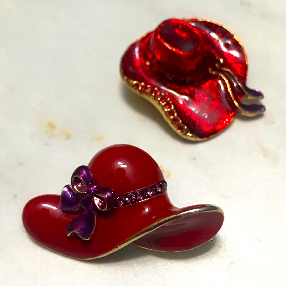 Red Hat Society 2 Rhinestone Ladies Brooches Pins